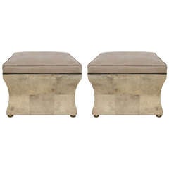 Pair of Large Parchment Ottomans / Stools