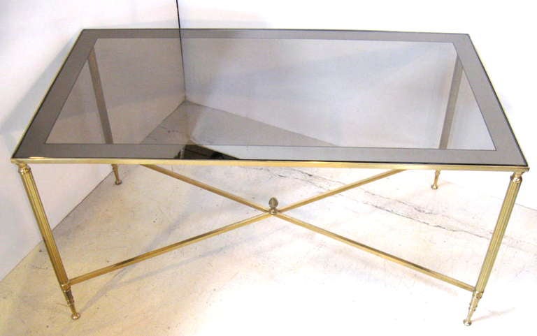 Italian BRASS AND GLASS COFFEE TABLE IN THE STYLE OF BAGUES