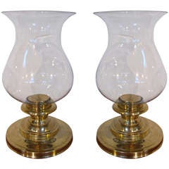 Pair of Brass and Glass Hurricane Lamps by Chapman