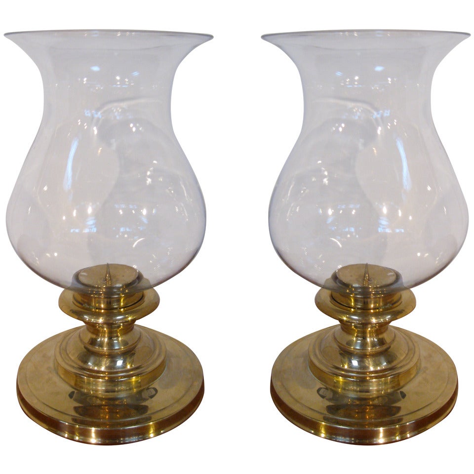 Pair of Brass and Glass Hurricane Lamps by Chapman