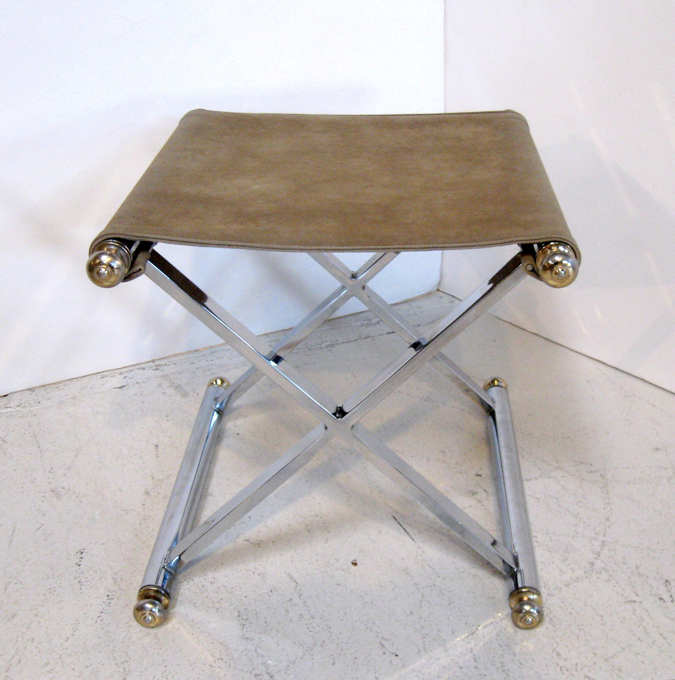 Pair of Neo- Classical Chrome & Brass Stools / Benches