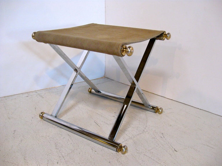 Italian Pair of Neo- Classical Chrome & Brass Stools / Benches