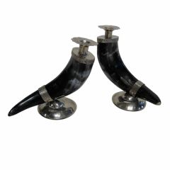 PAIR OF HORN AND SILVER CANDLESTICKS