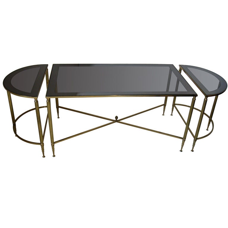 BRASS AND GLASS COFFEE TABLE IN THE STYLE OF BAGUES