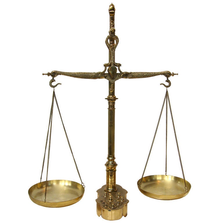 BRASS BALANCE SCALE WITH WEIGHTS at 1stDibs