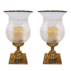 Pair Of Glass And Brass Hurricane Candle Holders