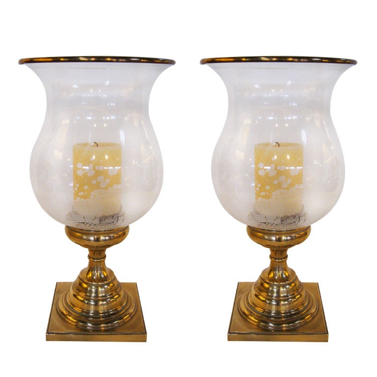 Pair Of Glass And Brass Hurricane Candle Holders at 1stDibs