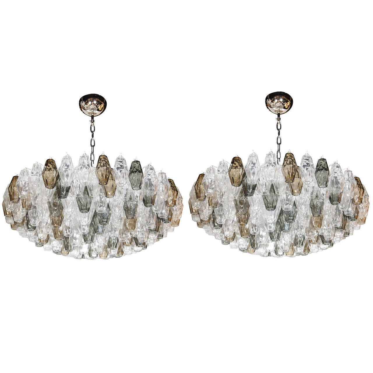Pair of Spectacular Handblown Murano Glass Polyhedral Chandeliers by Venini