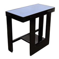 Art Deco Machine Age Side Table with Blue Mirrored Top with Reverse Etched Detailing