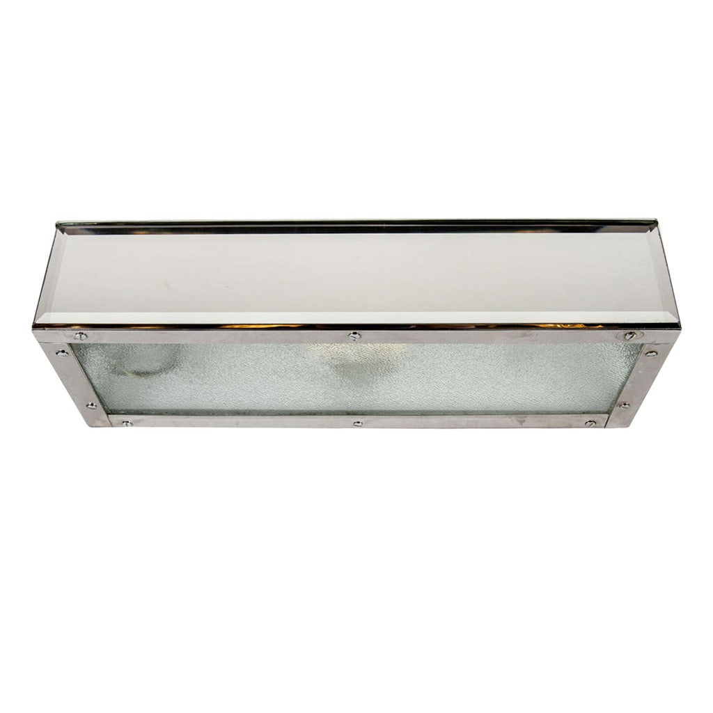 Mid-Century Modern Beveled Mirror and Relief Textured Glass Vanity Light For Sale