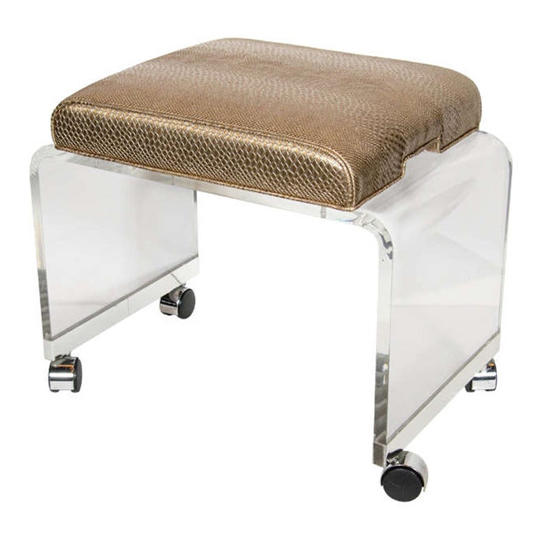 Mid-Century Modernist Waterfall Lucite Stool with Faux Bronze Metallic Python