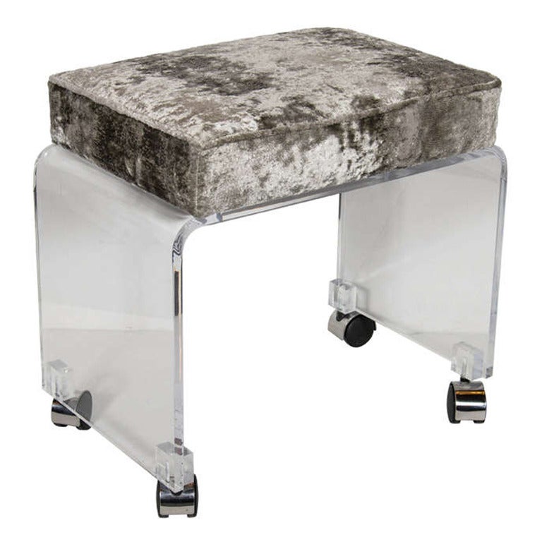 Mid-Century Modernist Waterfall Lucite Stool in Smoked Pewter Velvet