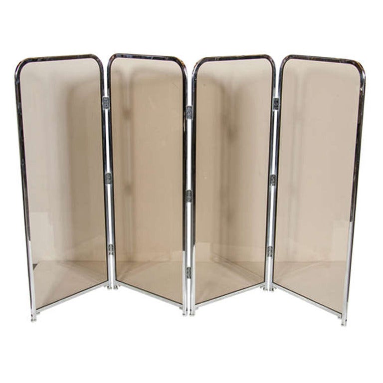 Mid-Century Modernist Chrome and Smoked Glass Fireplace Screen