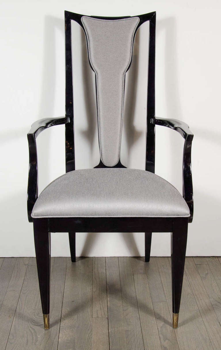 Fabric Set of Six Mid-Century Dining Chairs in Platinum Upholstery and Ebonized Walnut