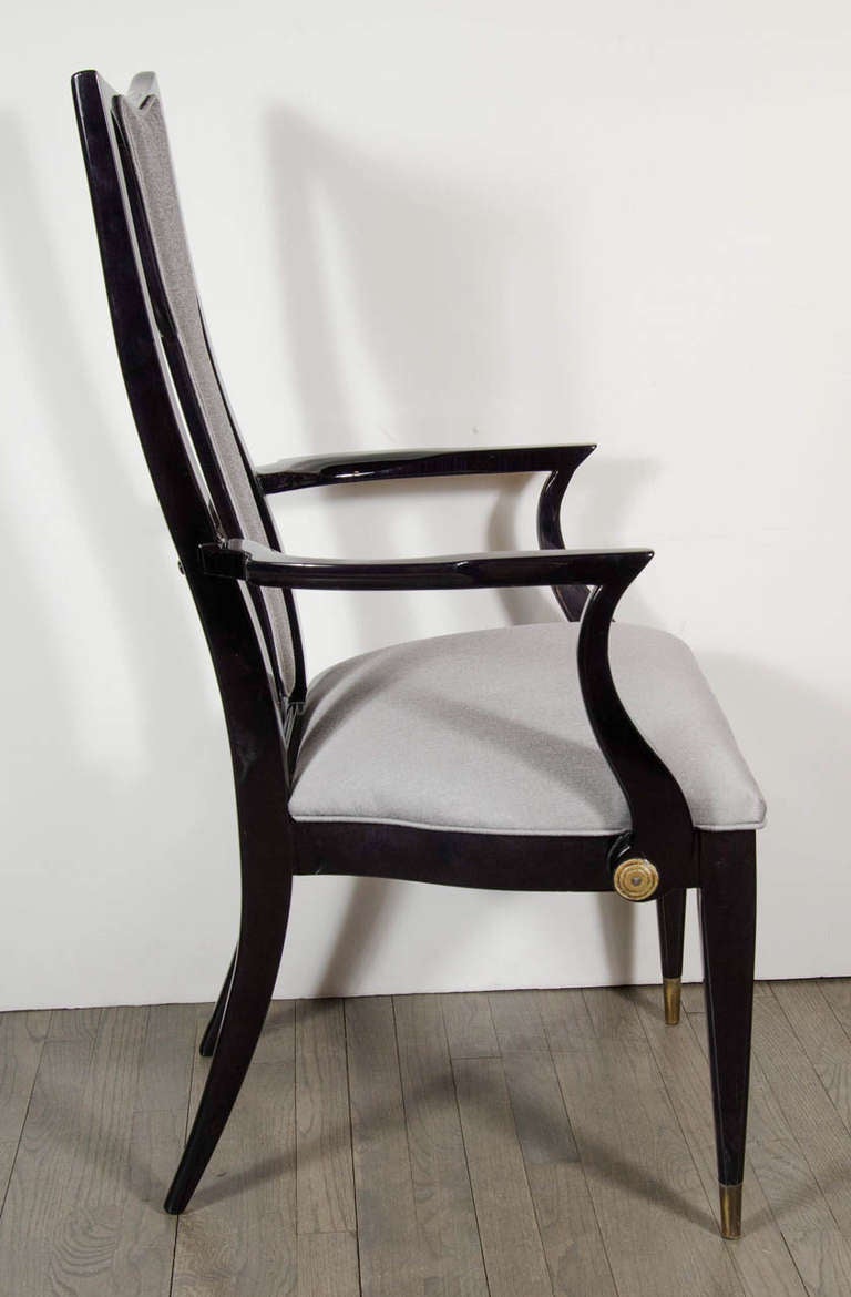 Set of Six Mid-Century Dining Chairs in Platinum Upholstery and Ebonized Walnut 2