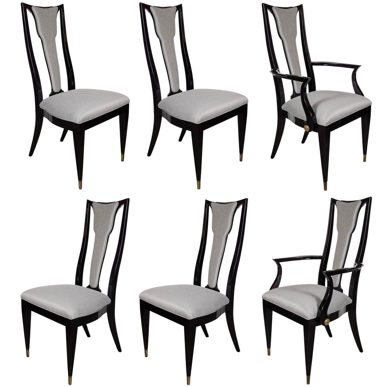 Set of Six Mid-Century Dining Chairs in Platinum Upholstery and Ebonized Walnut