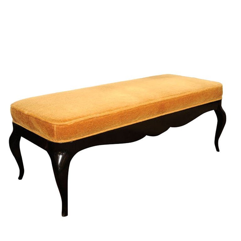 Stunning 1940s Art Deco Cabriole Bench in Ebonized Walnut and Marigold Mohair
