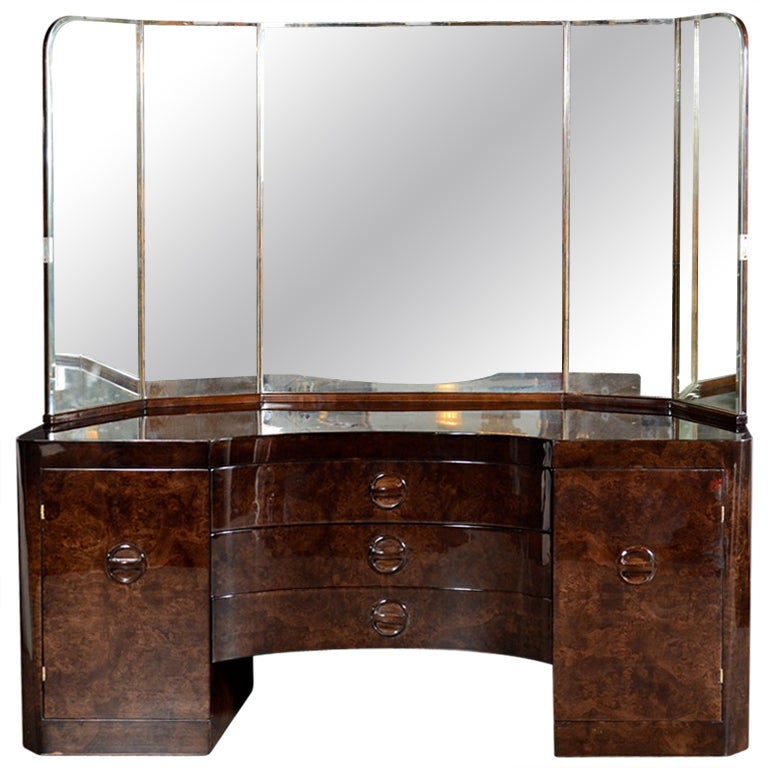 Glamorous Art Deco Vanity in Bookmatched Walnut with Wrap Around Beveled Mirror