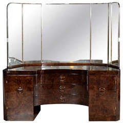 Glamorous Art Deco Vanity in Bookmatched Walnut with Wrap Around Beveled Mirror 2