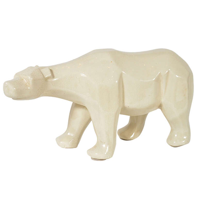 Ours En Céramique Craquelée Saint Germain – Blanc – Statue 20 Cm