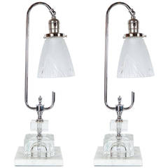 Stunning Pair of Art Deco Skyscraper Style Table Lamps with Frosted Glass Shades