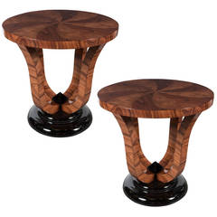 Pair of Art Deco Bookmatched Walnut, Carpathian Elm and Inlay Gueridon Tables