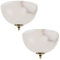 Pair of Art Deco Style Alabaster Flush Mounts with Brass Fittings