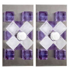 Pair of Mid-Century Modernist Amethyst & Frosted Cube Glass Sconces