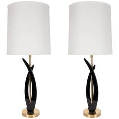 Pair of Mid-Century Modernist Sculptural Lamps in Ebonized Walnut and Brass