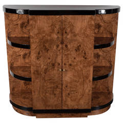 Streamline Art Deco Bar/ Cabinet in Book-Matched Exotic Walnut & Black Lacquer