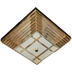 Mid-Century Brass, Frosted Glass and Glass Rod Square Flush Mount Chandelier