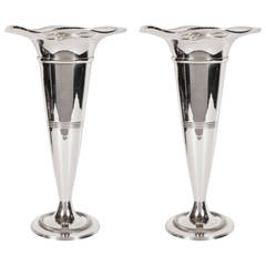 Elegant Pair of Art Deco Silver Plate Trumpet Vases