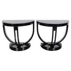 Art Deco Demi-Lune End / Side Tables in Black Lacquer with Vitrolite Tops