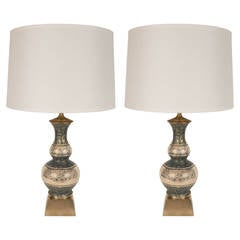Gorgeous Pair of Mid-Century Modernist Hand-Painted Glass Table Lamps