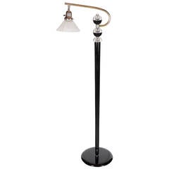 Vintage Art Deco Floor Lamp in Ebonized Walnut, Chrome and Relief Frosted Glass