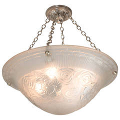 Elegant Art Deco Relief Geometric and Floral Frosted Glass Chandelier by Degue 7