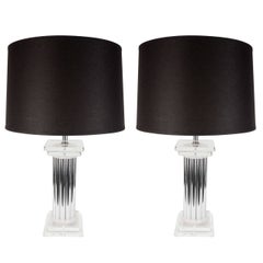 Luxe Pair of Mid-Century Modernist Pillar Lamps in Lucite and Chrome