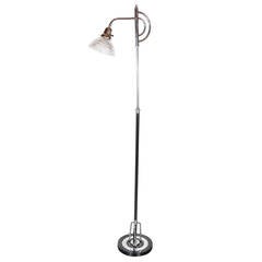 Art Deco Machine Age Floor Lamp in Chrome, Black Enamel and Ribbed Glass Shade