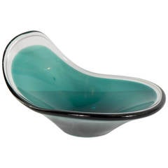 Mid-Century Modern Hand Blown Murano Glass Wave Bowl in Emerald and Smoked Clear