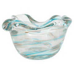 Mid-Century Modernist Murano Glass Bowl With Swirls of 24k Gold and Aquamarine