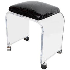 Mid-Century Modernist Waterfall Lucite Stool or Bench with Black Faux Crocodile 12