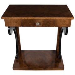 Exquisite Art Deco Scroll Design Console Table in Bookmatched Burled Walnut