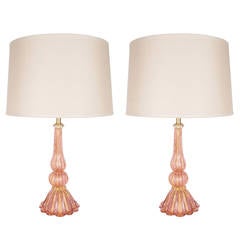 Exquisite Pair of Murano Cordonato D'oro Table Lamps by Barovier e Toso