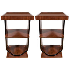 Pair of Art Deco Two-Tier Side Tables in Walnut and Black Lacquer