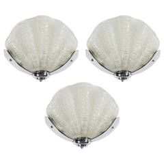 Set of Three Art Deco Murano Glass Stylized Shell Sconces with Chrome Fittings