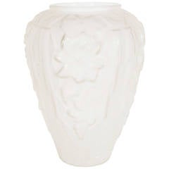 Art Deco Relief Frosted Glass Vase with Cubist Floral and Geometric Design 2