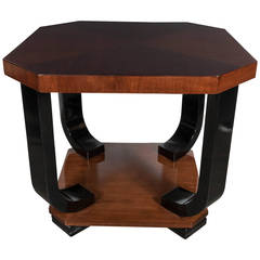 Art Deco Gueridon Table in Book Matched Walnut and Black Lacquer