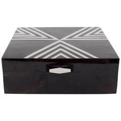 Exquisite Blacktab Shell Box with Stylized Geometric Art Deco Silvered Inlay