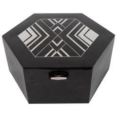Exquisite Octagon Blacktab Box with Stylized Geometric Art Deco Silvered Inlay Exquisite Octagon Blacktab Box with Stylized Geometric Art Deco Silvered Inlay