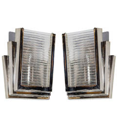 Art Deco Skyscraper Style Wall Sconces in Nickeled Bronze with Glass Rods